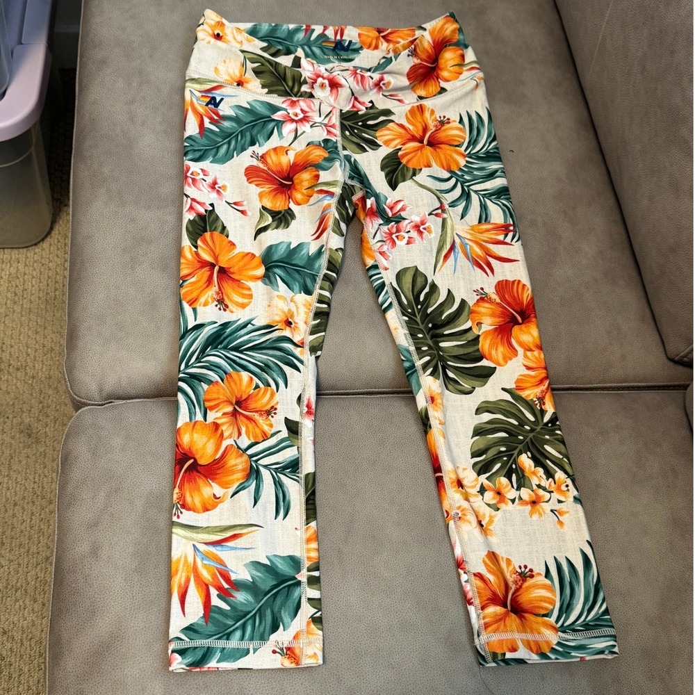 Aviator Nation Womens Tropical Floral Cropped Leggings Cream Orange Small